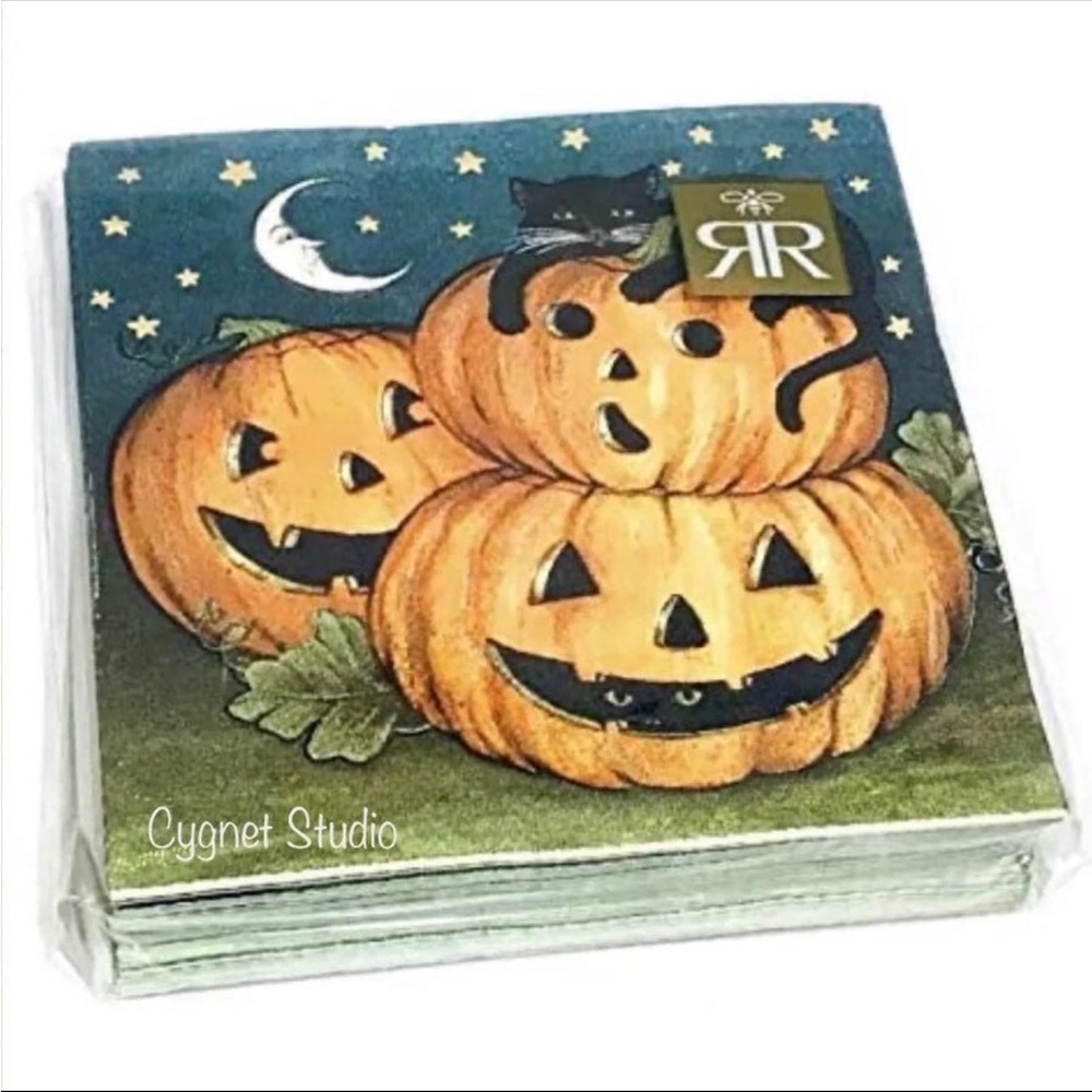 Roberts and Reid Halloween Black Cat Pumpkin Cocktail Beverage Napkins, 40 ct